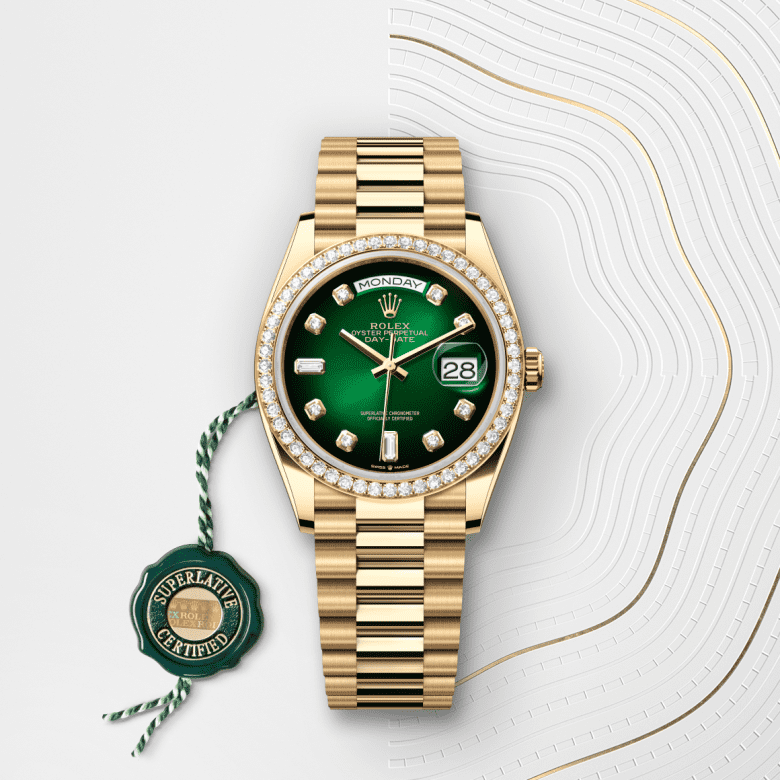 デイデイト 36 | オイスター、36 mm、イエローゴールド、ダイヤモンド  リファレンス 128348RBR-0035