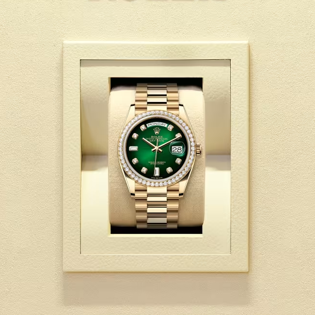 デイデイト 36 | オイスター、36 mm、イエローゴールド、ダイヤモンド  リファレンス 128348RBR-0035
